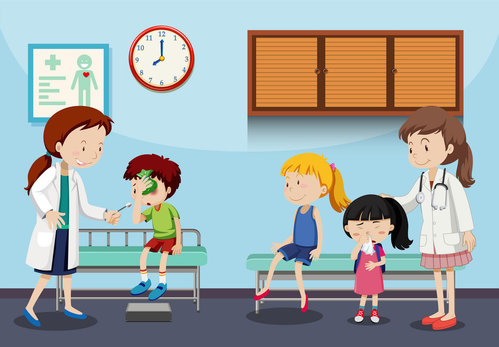 Children and doctors in clinic illustration